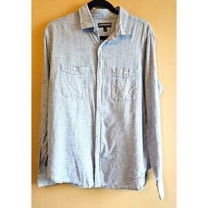 Express Men Button Down Long Sleeve Shirt Heather blue linen blend Size L